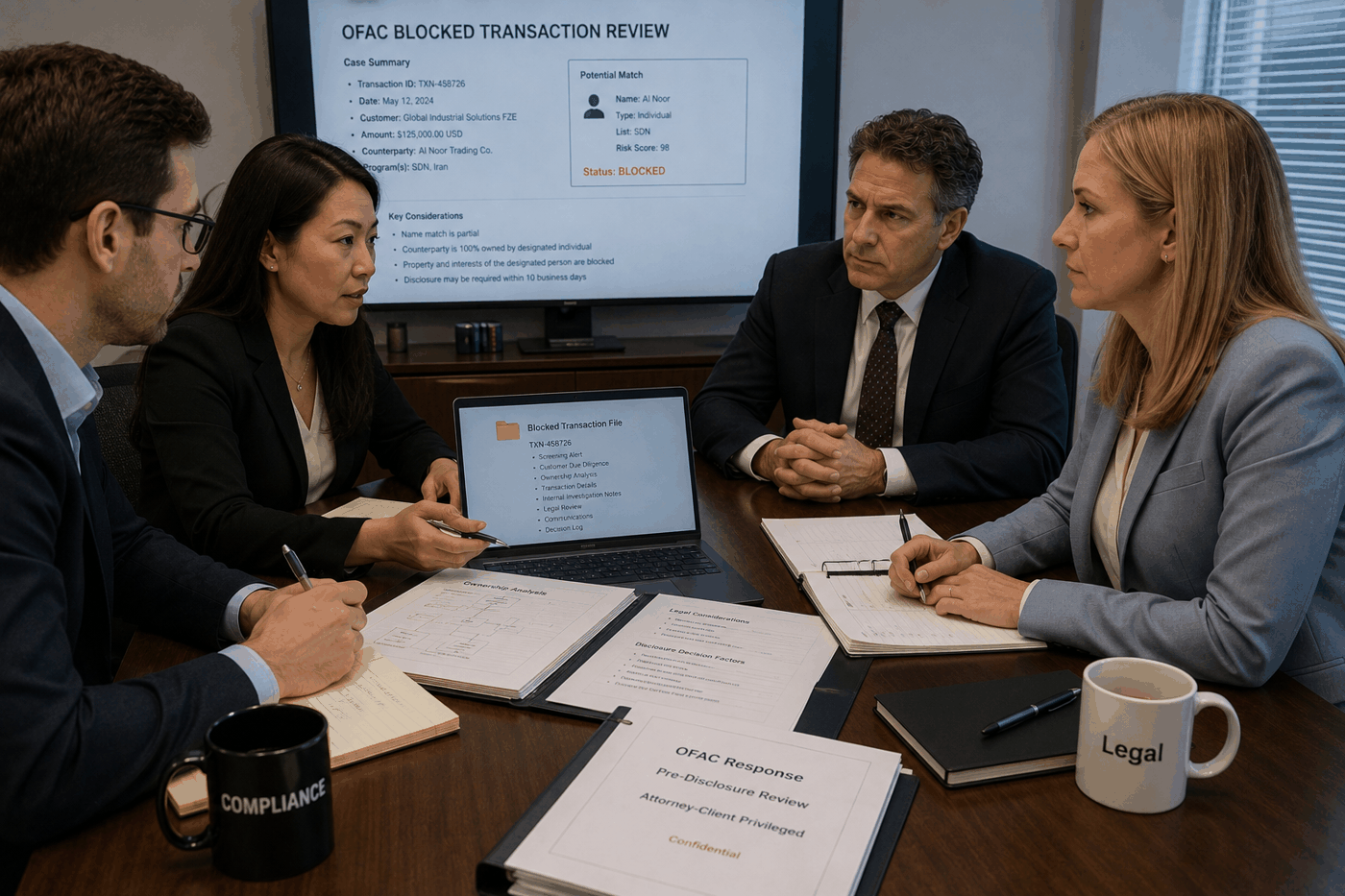 Compliance team and counsel reviewing a potential OFAC hit and disclosure decision