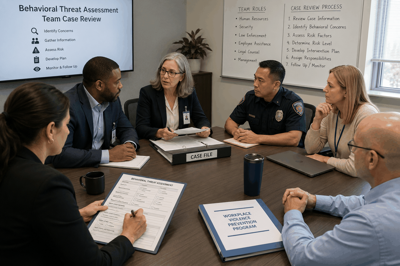 Multidisciplinary behavioral threat assessment team reviewing a workplace case file