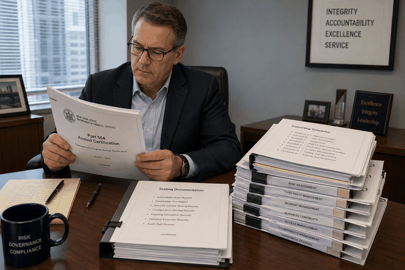 Senior officer reviewing supporting documentation for the NYDFS Part 504 annual certification