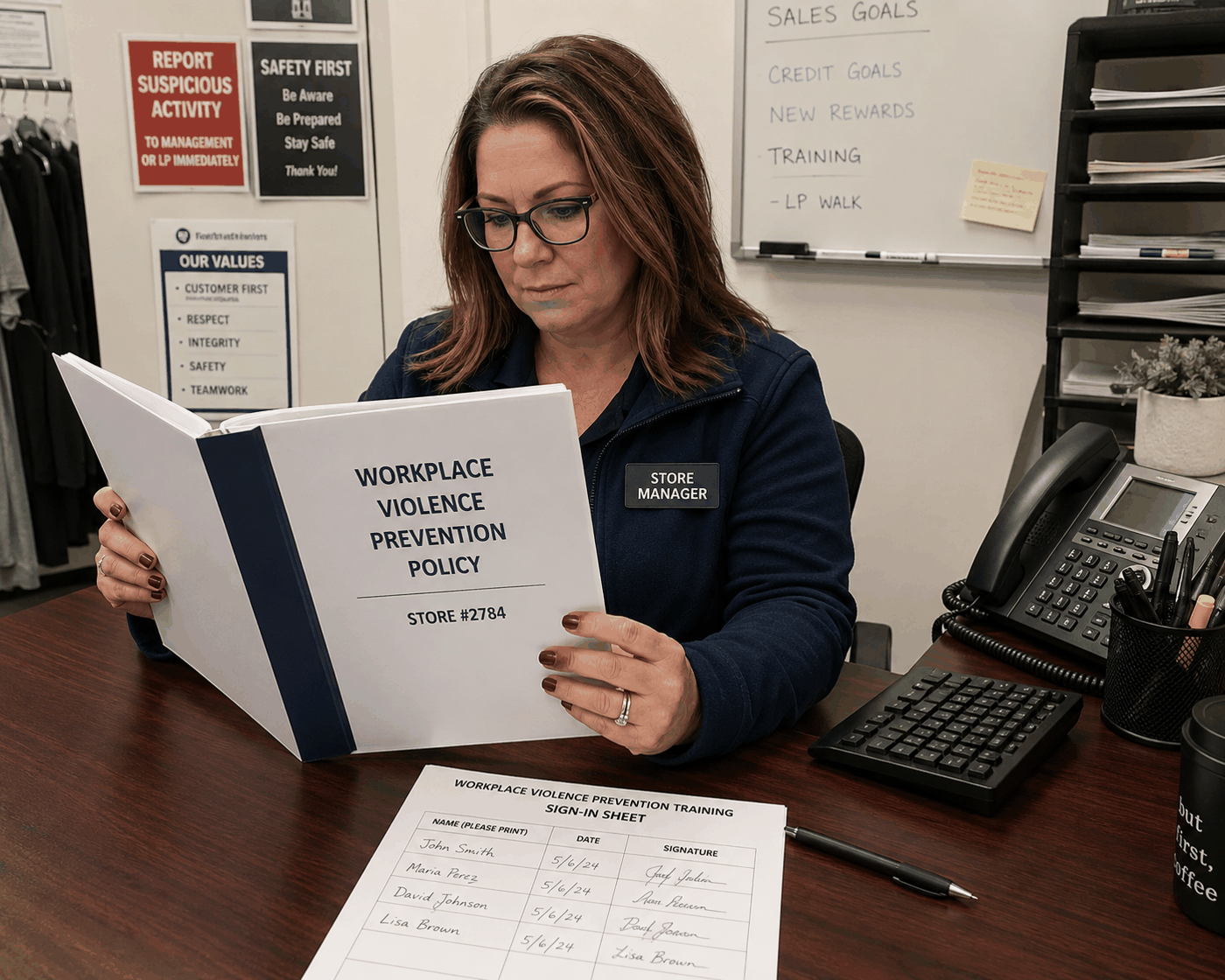 Healthcare employee reviewing her workplace violence policy in New Jersey