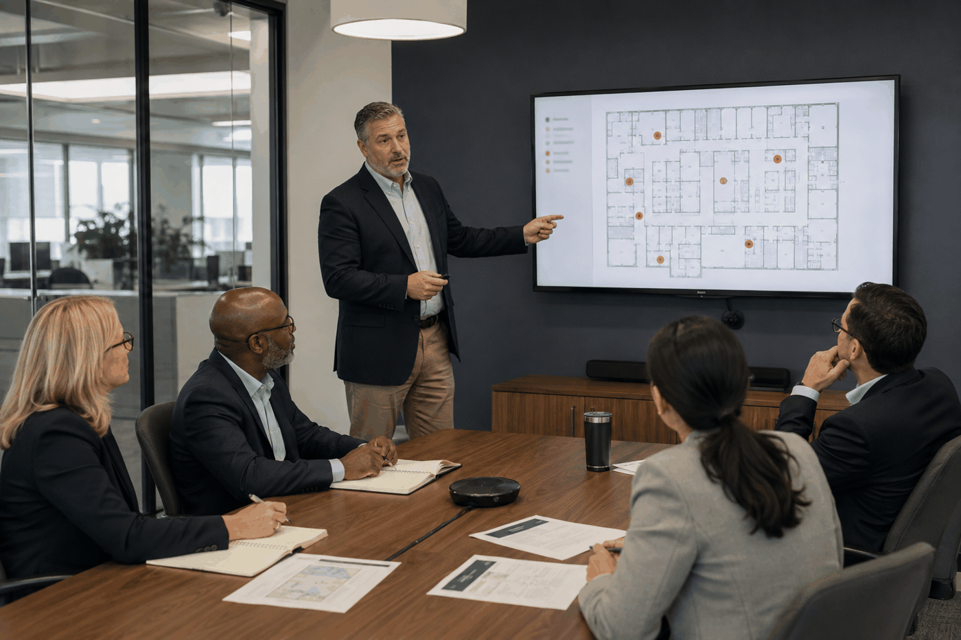 Corporate security advisor presenting a workplace violence risk assessment to a company leadership team Caption